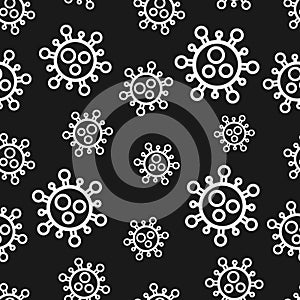 Seamless pattern white symbol bacterium coronavirus on a black background
