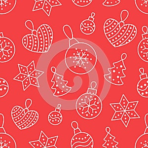 Seamless pattern with white toy balls, heart, star on red background. Flat line pine tree decoration icons, cute repeat