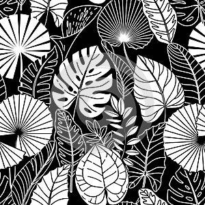 Seamless pattern with white tropical leaves on black background.