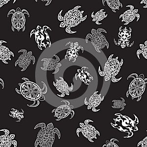 Seamless pattern with white turtles on the black background.