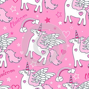 Seamless pattern. White unicorn on a pink background. Vector