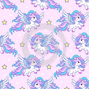 Seamless pattern with white unicorns and stars. Vector