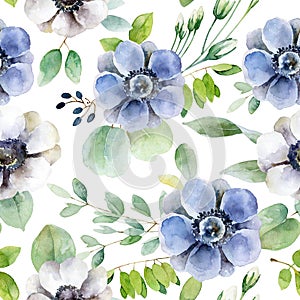 Seamless pattern with white and violet anemones