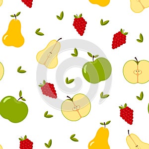 Seamless pattern with whole and cut summer fruit, leaves, berries