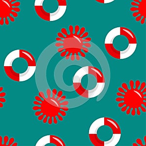 Seamless pattern wiht red and white lifebuoy and sun on blue background, summer symbol.Life Belt. Vector colorful flat