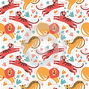 Seamless pattern wild animal and tropic plants. Funny cartoon character tiger, leopard, Jaguar, lion. Background cute