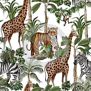 Seamless pattern with wild animals and jungle trees for kids. Vector.