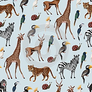Seamless pattern with wild animals such as zebra, parrot, toucan, monkey, giraffe and antilope. photo