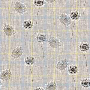 Seamless pattern of wild beige and gray flowers on a beige cell huckaback background. Watercolor -2