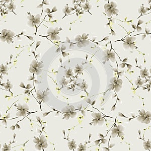 Seamless pattern wild beige and yellow branches of small flowers and on a light green cell background. Watercolor -5