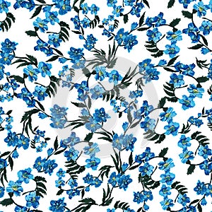 Seamless pattern wild blue flower and green leaves on white backgtound. Watercolor floral illustration. Botanical decorative