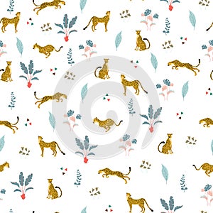 Seamless pattern with wild cats Cheetahs in different poses and exotics palms tree coloured with bright pastel