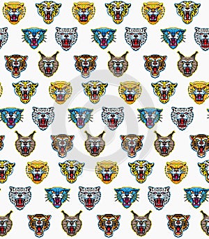 Seamless Pattern With Wild Cats Heads. Vector