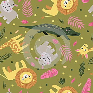 Seamless pattern of wild exotic animals living in savannah or tropical jungle. Vector bright illustration for kids