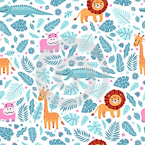 Seamless pattern of wild exotic animals living in savannah or tropical jungle. Vector bright illustration for kids