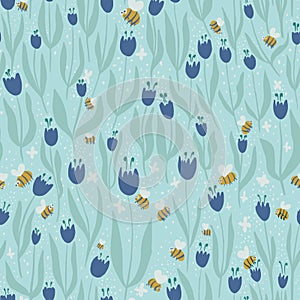 Seamless pattern of wild flowers and flying bees on a blue background.