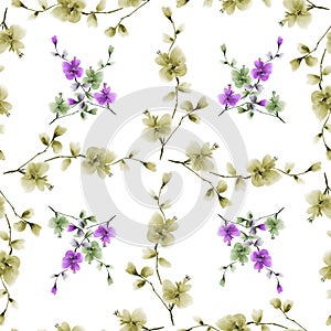 Seamless pattern wild green and violet branches of small flowers and on a white cell background. Watercolor -5