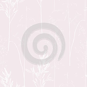 Seamless pattern with wild herbs and grasses.Thin delicate lines silhouettes of different plants.