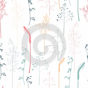 Seamless pattern with wild herbs and grasses. Thin delicate lines silhouettes of different plants.