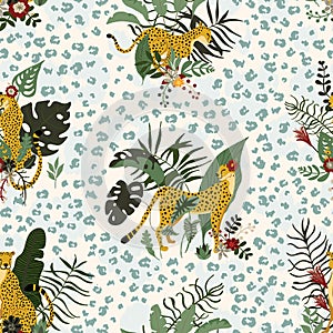 Seamless pattern with wild jungle cheetahsâ€™ animals in different poses and exotics floral and leaves