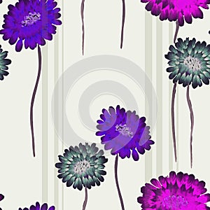 Seamless pattern of wild pink, green violet flowers on a light green background with vertical stripes. Watercolor