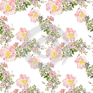 Seamless pattern wild pink roses flower and green leaves. Watercolor floral illustration. Botanical decorative element