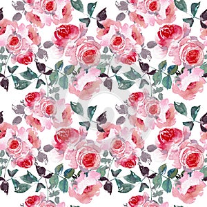 Seamless pattern wild pink roses flower and green leaves. Watercolor floral illustration. Botanical decorative element
