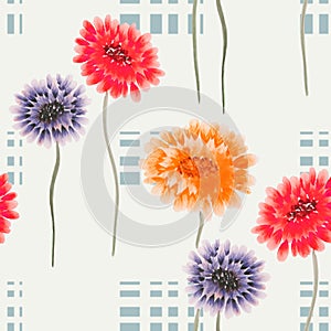 Seamless pattern of wild red, orange, violet flowers on a light gray background with squares. Watercolor