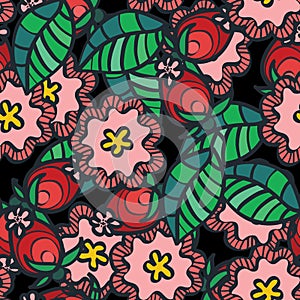 Seamless pattern with wild rose flower and berry