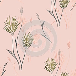 Seamless pattern of wild, small green flowers and branches on a light pink background. Watercolor