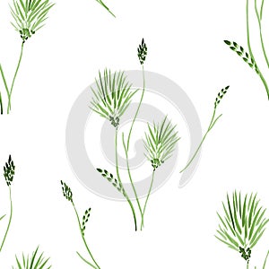 Seamless pattern of wild, small green flowers and branches on a white background. Watercolor