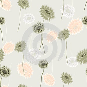 Seamless pattern of wild small green and orange flowers on a light green background. Watercolo