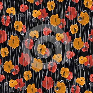 Seamless pattern of wild small yellow and red flowers of poppy on the black background. Watercolor -3