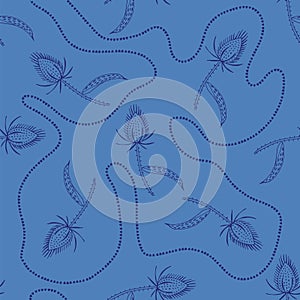 Seamless pattern of wild teasel plants on a blue background