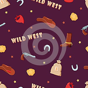 Seamless pattern Wild West set of vector illustrations. Cowboy western elements icon. hat, neckerchief, boots, lasso, horseshoe,