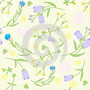 Seamless pattern of wildflowers and pink hearts. vector illustration