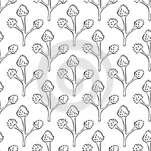 Seamless pattern willow branch art line. Hand drawn vintage of Happy Easter symbol. Vector ink sketch illustration isolated on