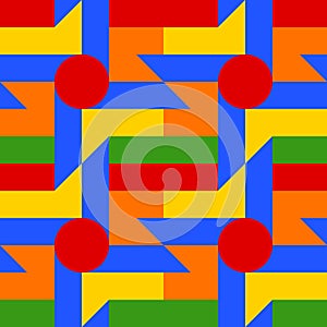 Seamless pattern with windmill, circle, rectangle, square and triangle shapes of blue, yellow, orange, green and red shades