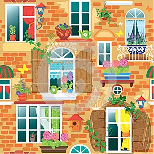 Seamless pattern with Windows and flowers in pots.