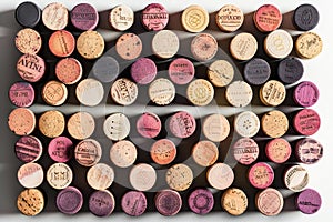 A seamless pattern of wine corkage, arranged in an artistic display on the wall, showcasing different colors and textures. th photo