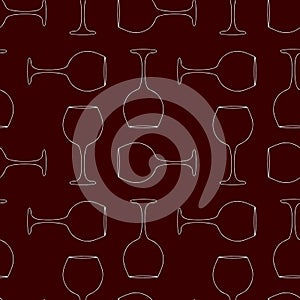 Seamless pattern with wine glass on red background. White outlines on a red background. Perfect for decoration of bars, menus,
