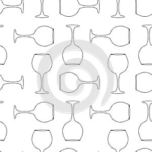 Seamless pattern with wine glass on white background. Black outlines on a white background. Perfect for decoration of bars, menus