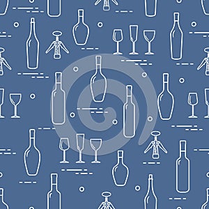 Seamless pattern of wine glasses, corkscrew, bottles of wine. Wine-making. Tasting. Sommelier