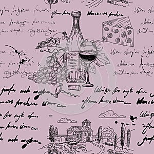 Seamless pattern Wine grape branche, bottles, glasses, vineyard, unreadable text, wooden barrel, chees, corkscrew