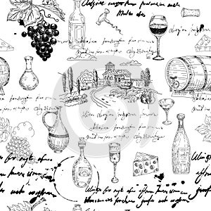 Seamless pattern Wine grape branche, bottles, glasses, vineyard, unreadable text, wooden barrel, chees, corkscrew