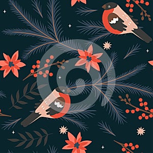 Seamless pattern with winter birds, fir branches, flowers, berries. Vector graphics