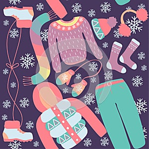 Seamless pattern with winter clothing. Warm woollies. Clothes for cold weather