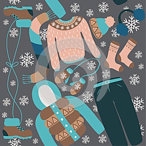 Seamless pattern with winter clothing. Warm woollies. Clothes for cold weather