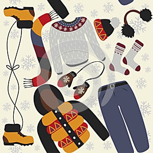 Seamless pattern with winter clothing. Warm woollies. Clothes for cold weather