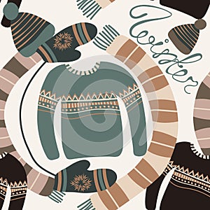 Seamless pattern with winter clothing. Warm woollies. Clothes for cold weather. Mittens,hats, scarf, sweaters